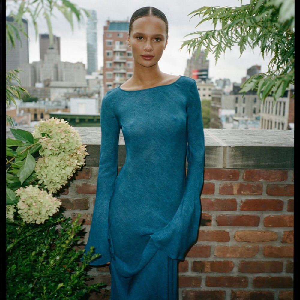 Realization Par Gia 100% Silk Dress In Denim Print Size XL